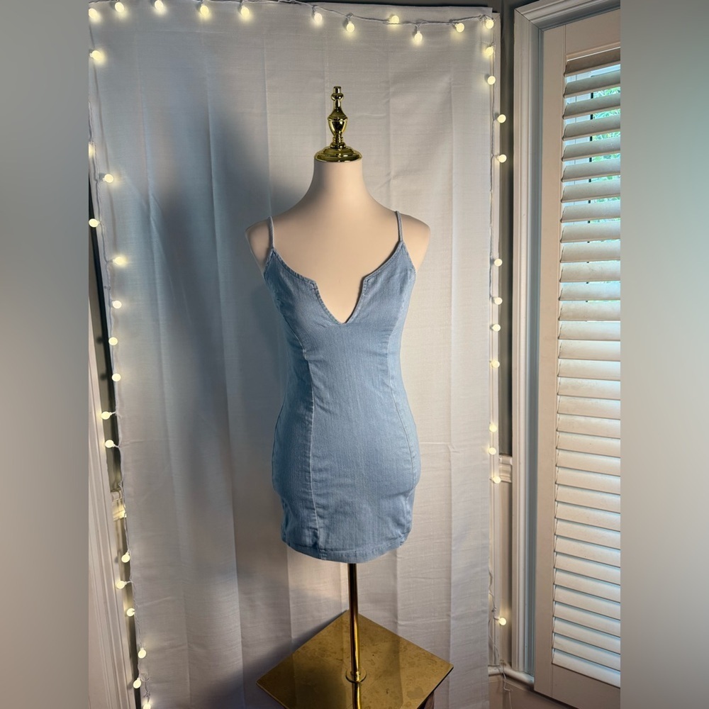 Mele E Pere Blue Jean Bodycon Mini Dress with Plunge Neckline - Picture 7 of 7